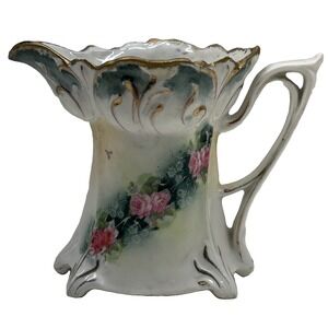 Antique R.S. Prussia Porcelain Creamer Pitcher Hand Painted Pink Roses Gold